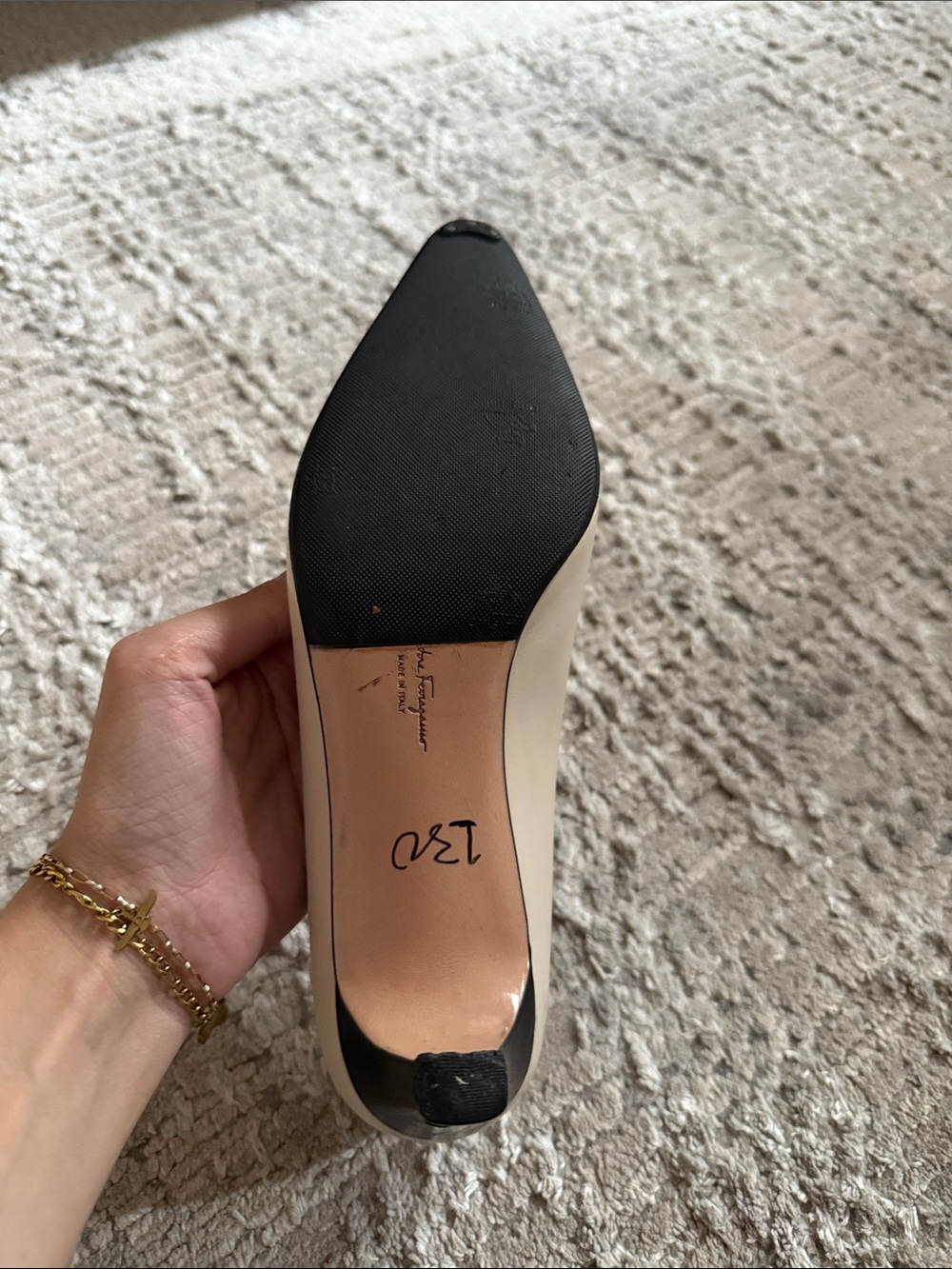 Salvatore Ferragamo Black & Cream Pointed Toe Leather Pumps with Gold Accent - Picture 6 of 7